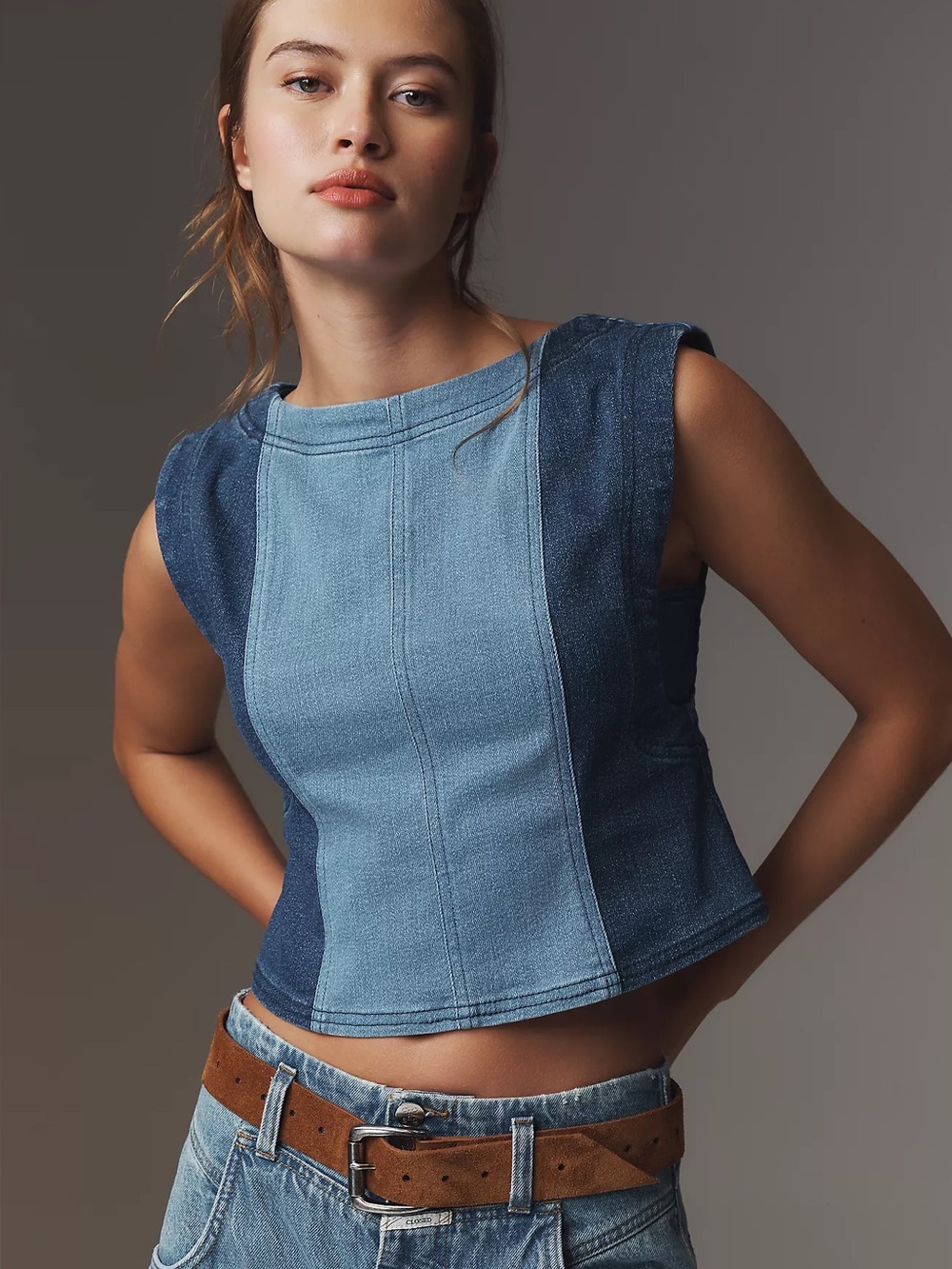 Pilcro Two-Tone Denim Crop Top in Light and Dark Blue